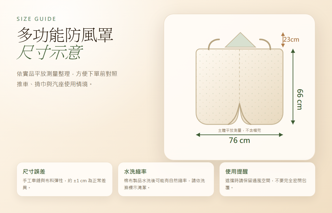 多功能防風罩尺寸示意：主體平放約 66 × 76 cm，帽兜高度約 23 cm，尺寸誤差約正負 1 cm